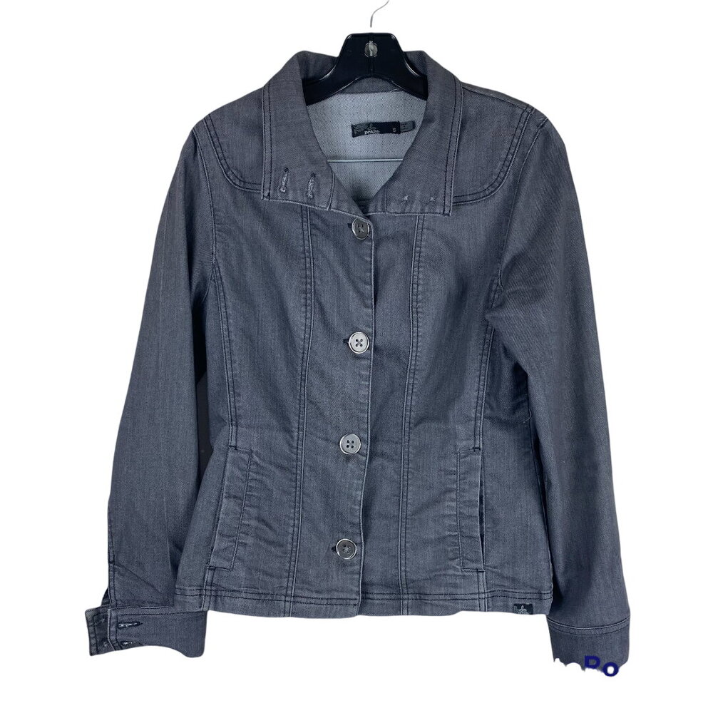Prana Kara Dark Grey Denim Jean Jacket Size S EUC Button Front Collared Pockets